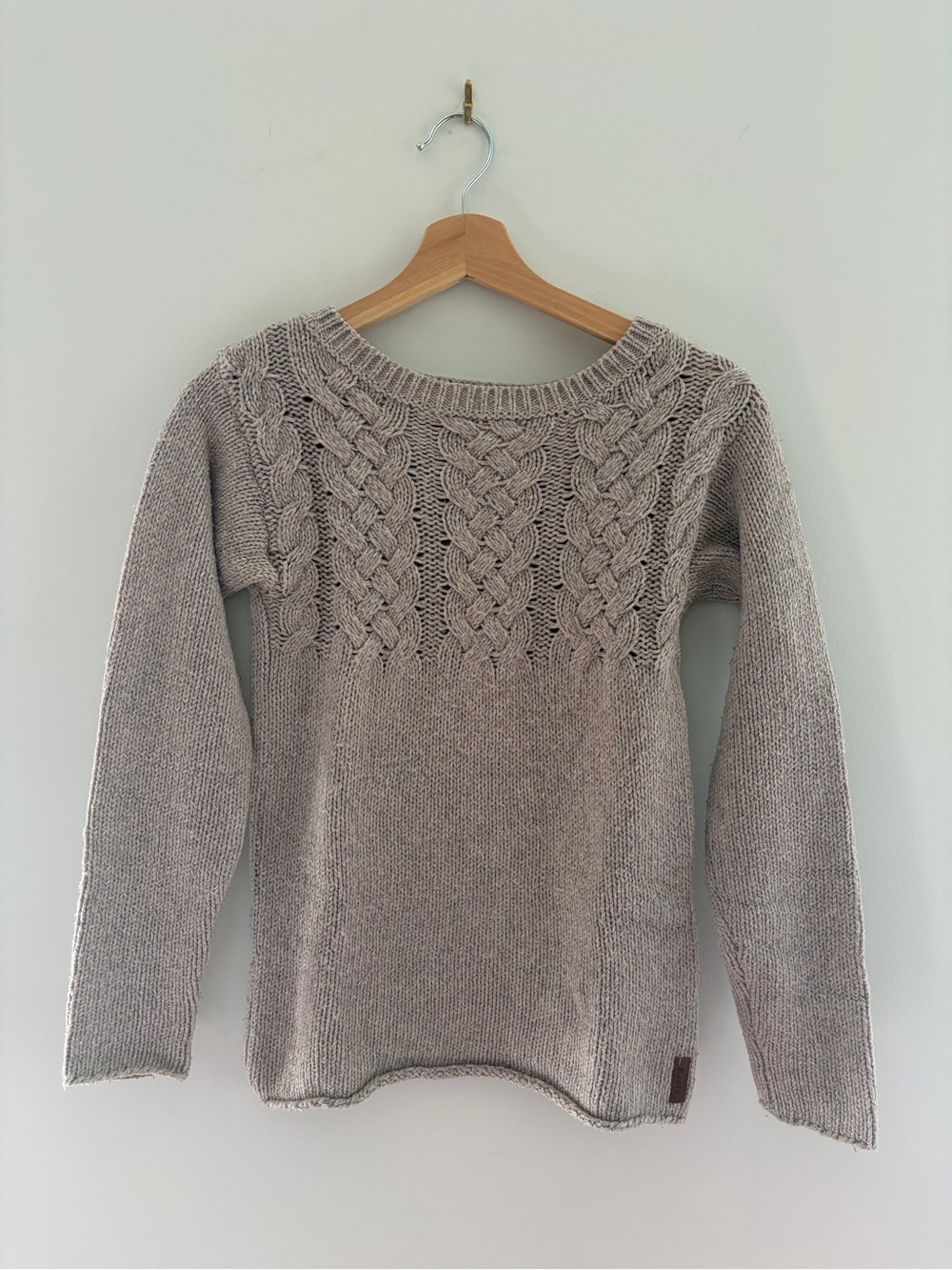 Roots Grandpa Fisherman Grey Beige Greige Wool/ Cotton Cable Crew Sweater, XS